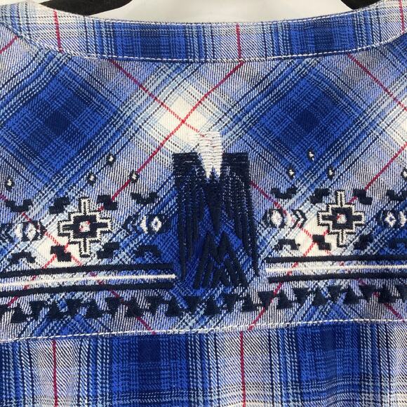 Affliction Lace Up Western Aztec Embroidered Snap Up Blue Plaid Women Small NEW - Picture 7 of 14